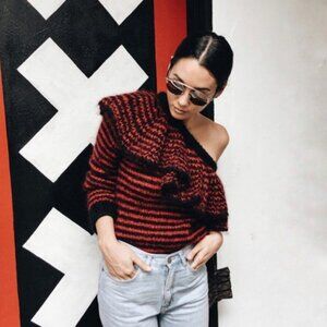 Philosophy di Lorenzo Serafini Red Black Ruffle Striped Mohair Sweater sz Small